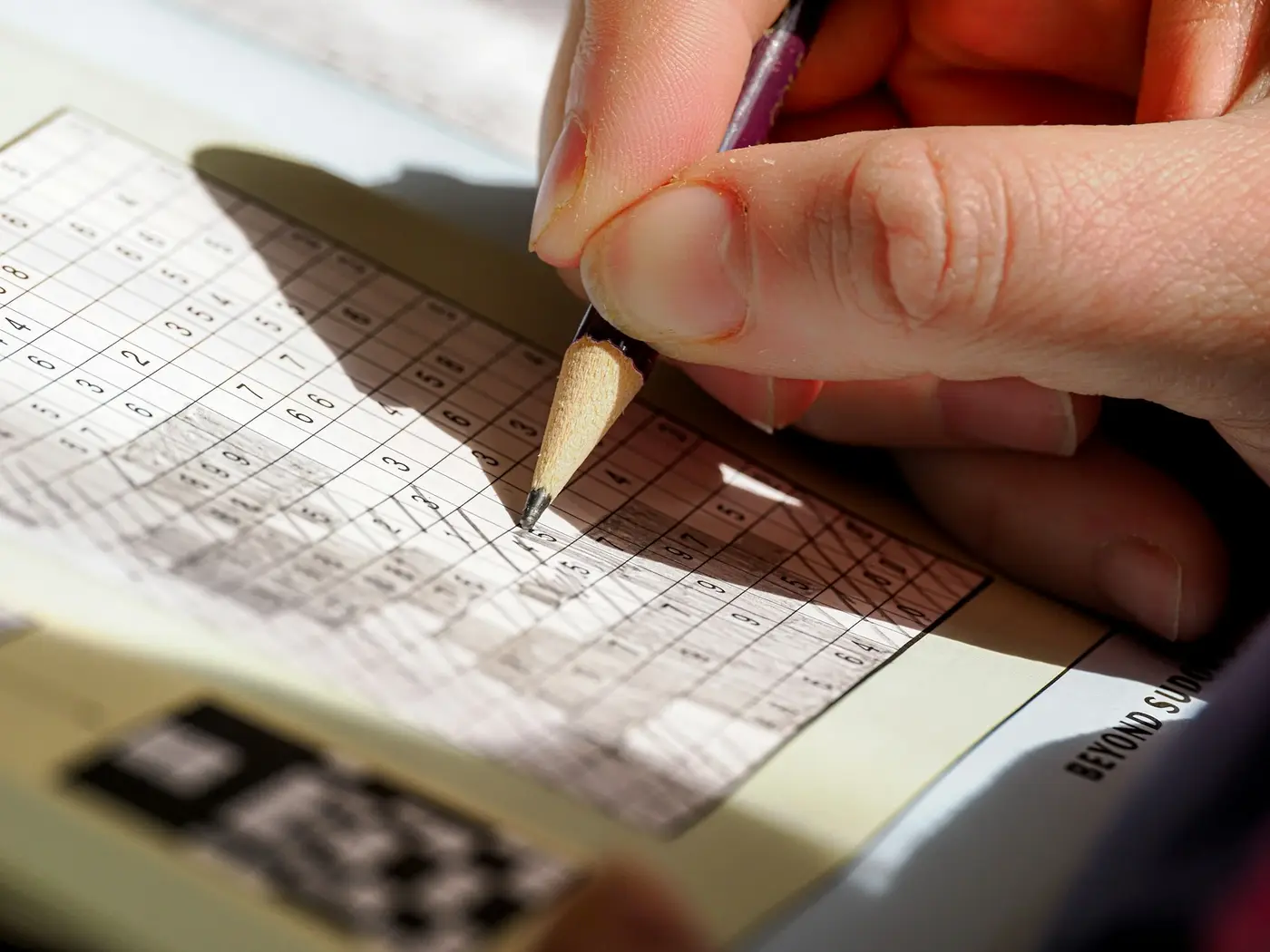 A hand filling numbers into a printed grid with a sharpened pencil.